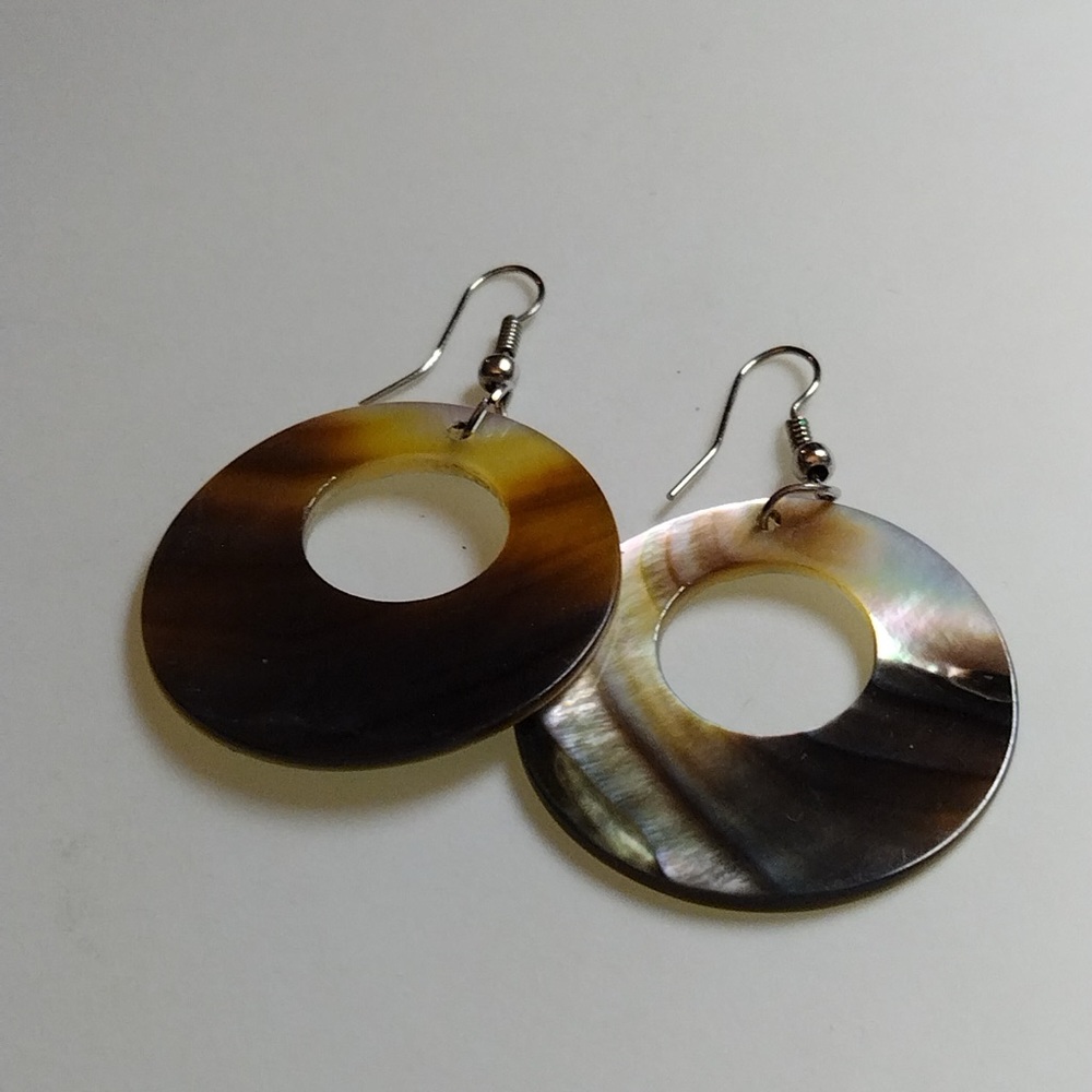 Iridescent Brown Shell Hoop Drop Earrings